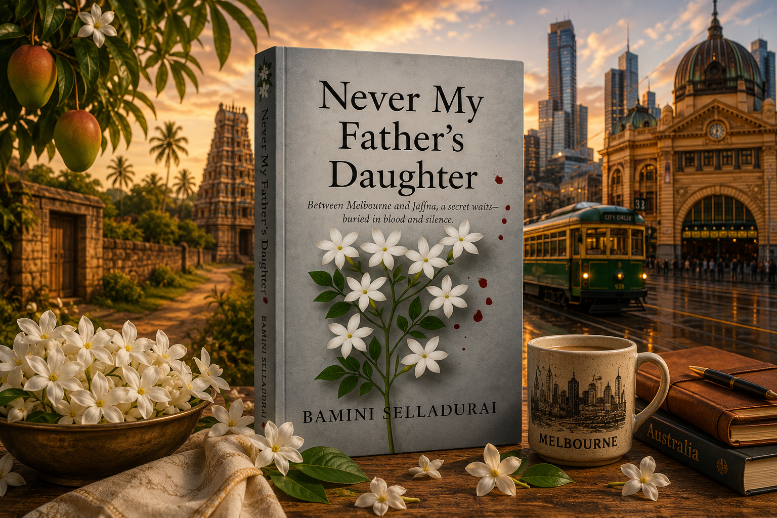 Never My Father's Daughter book displayed against a Melbourne and Jaffna backdrop with jasmine flowers